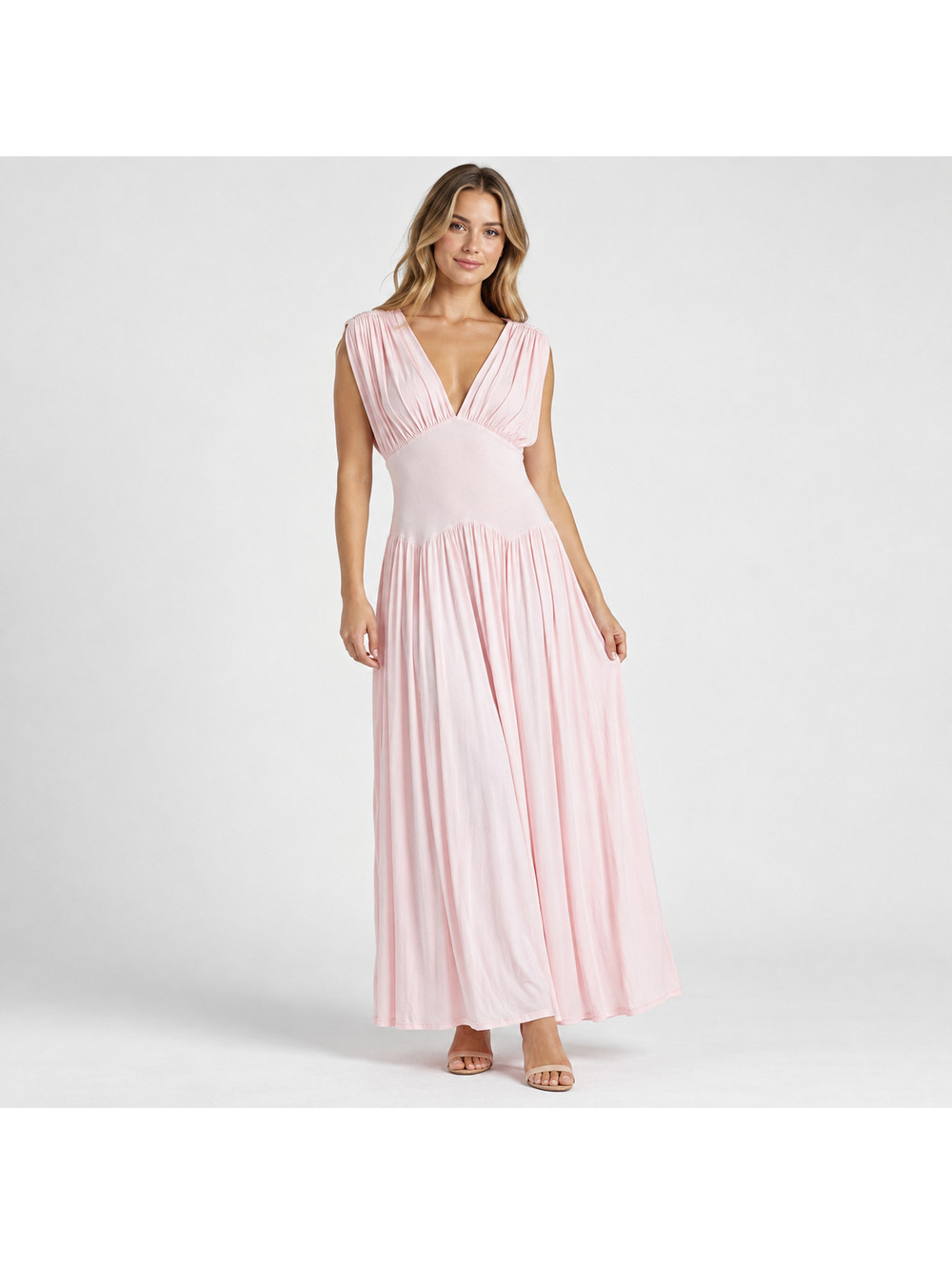 Avec Les Filles Baby Pink Shirred V-Neck Maxi Dress Size L NWOT